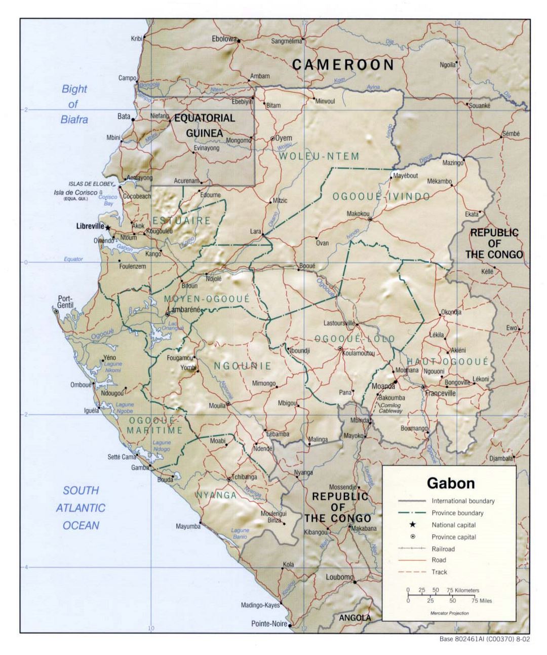Detailed political and administrative map of Gabon with relief, roads, railroads and major cities - 2002