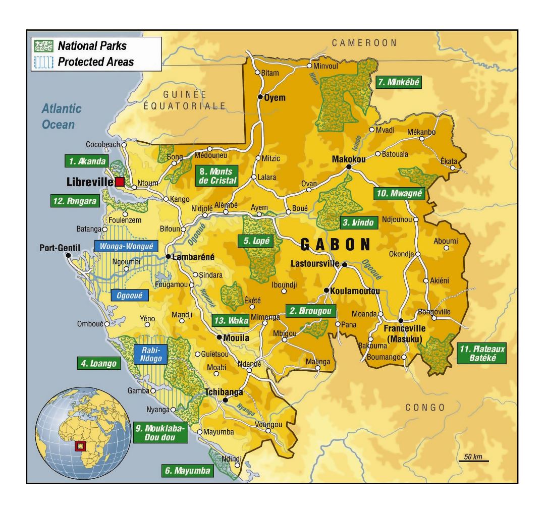 Large detailed national parks map of Gabon
