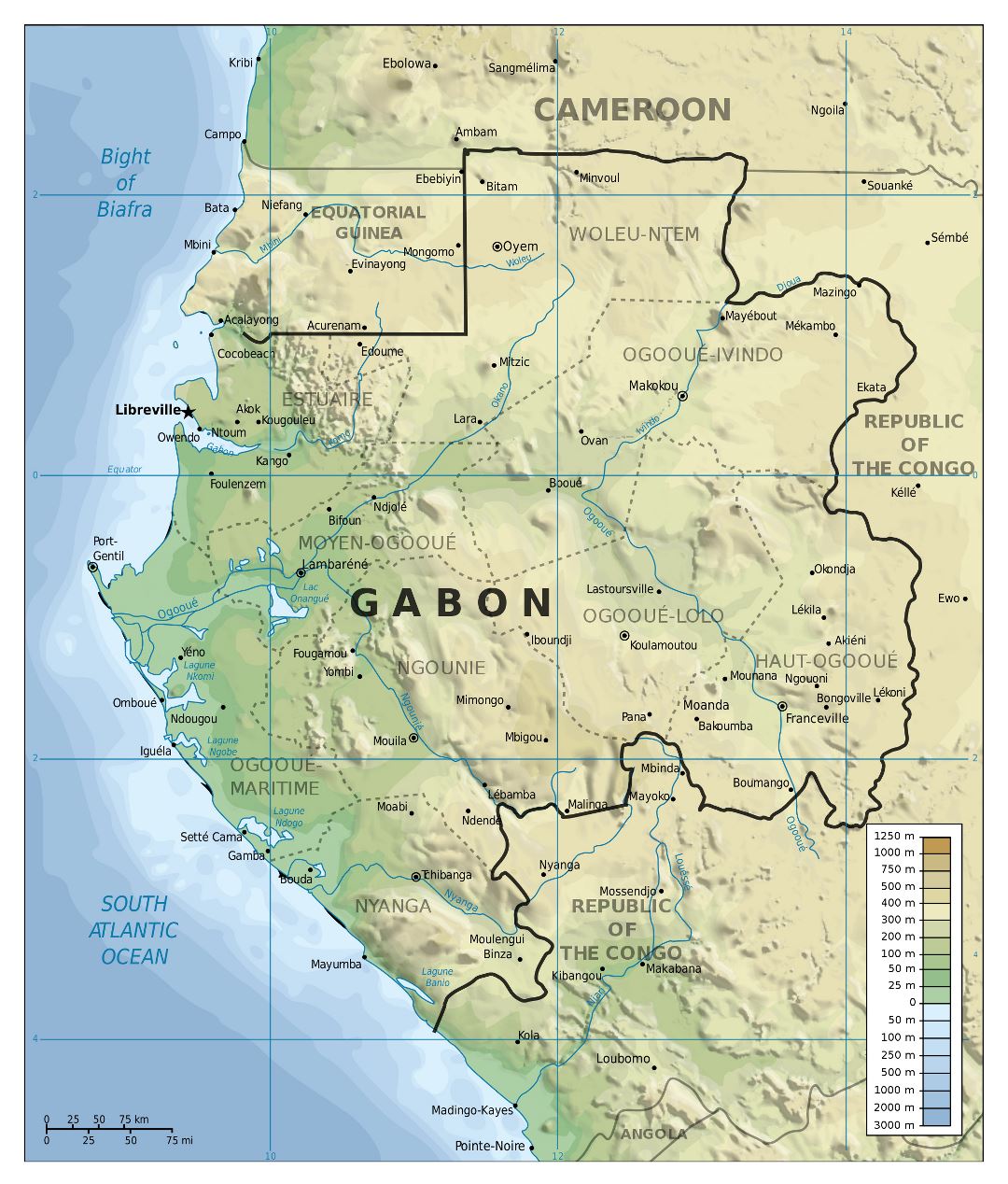 Large detailed physical map of Gabon with other marks