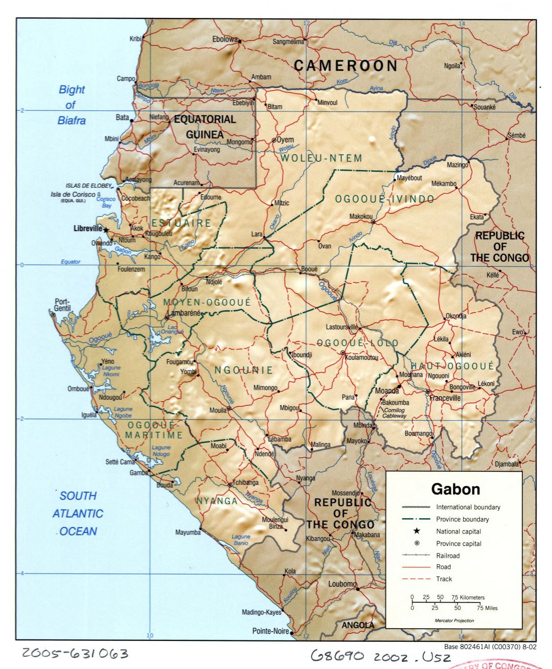 Large detailed political and administrative map of Gabon with relief, roads, railroads and cities - 2002