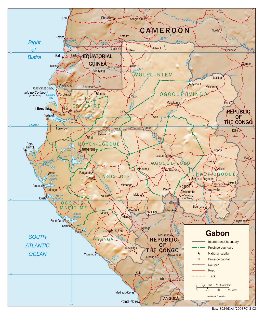 Large detailed political and administrative map of Gabon with relief, roads, railroads and major cities - 2002