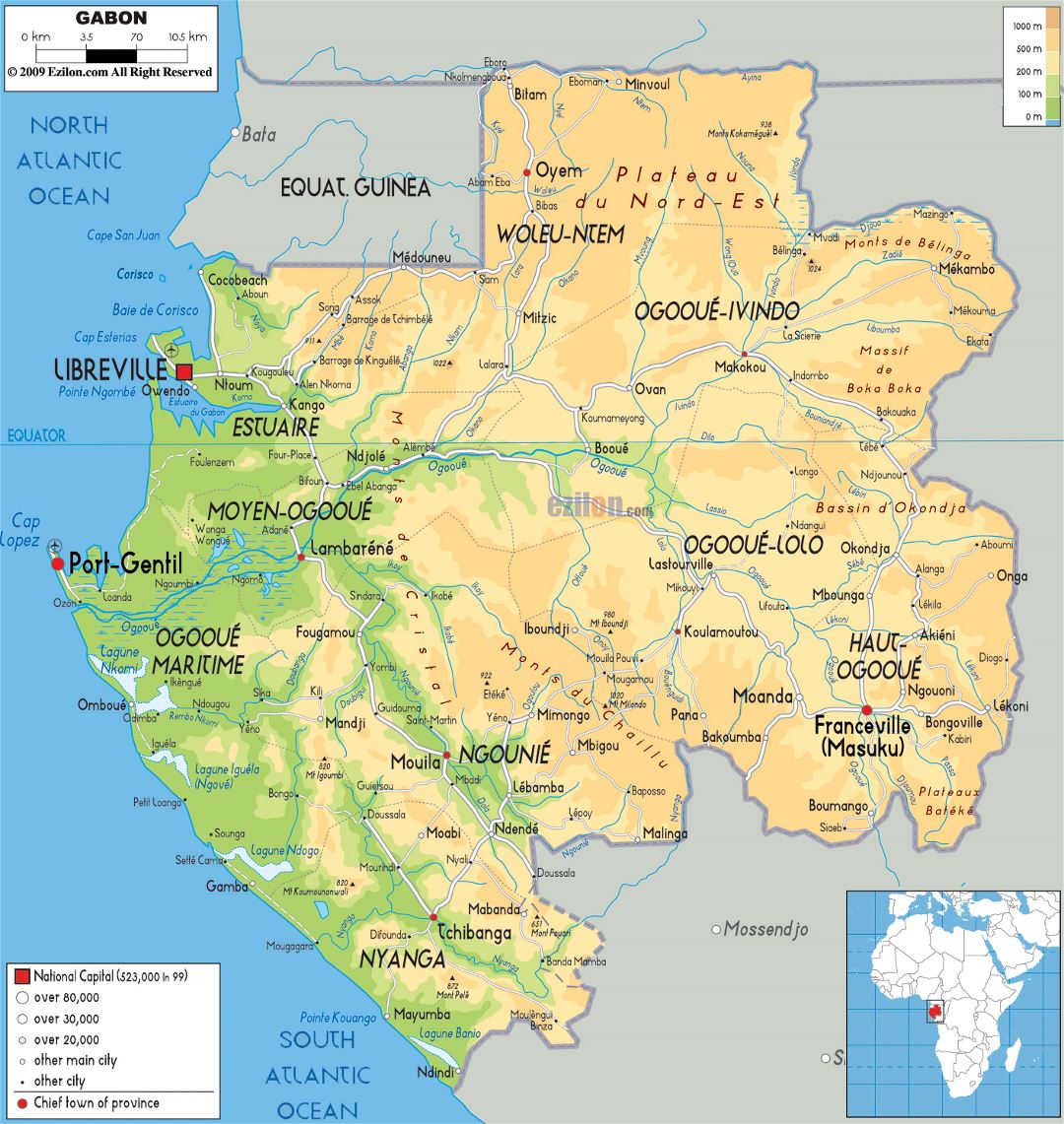 Large physical map of Gabon with roads, cities and airports