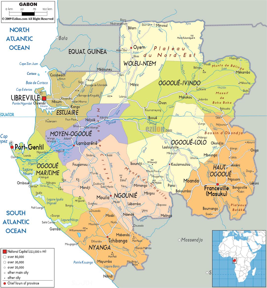 Large political and administrative map of Gabon with roads, cities and airports