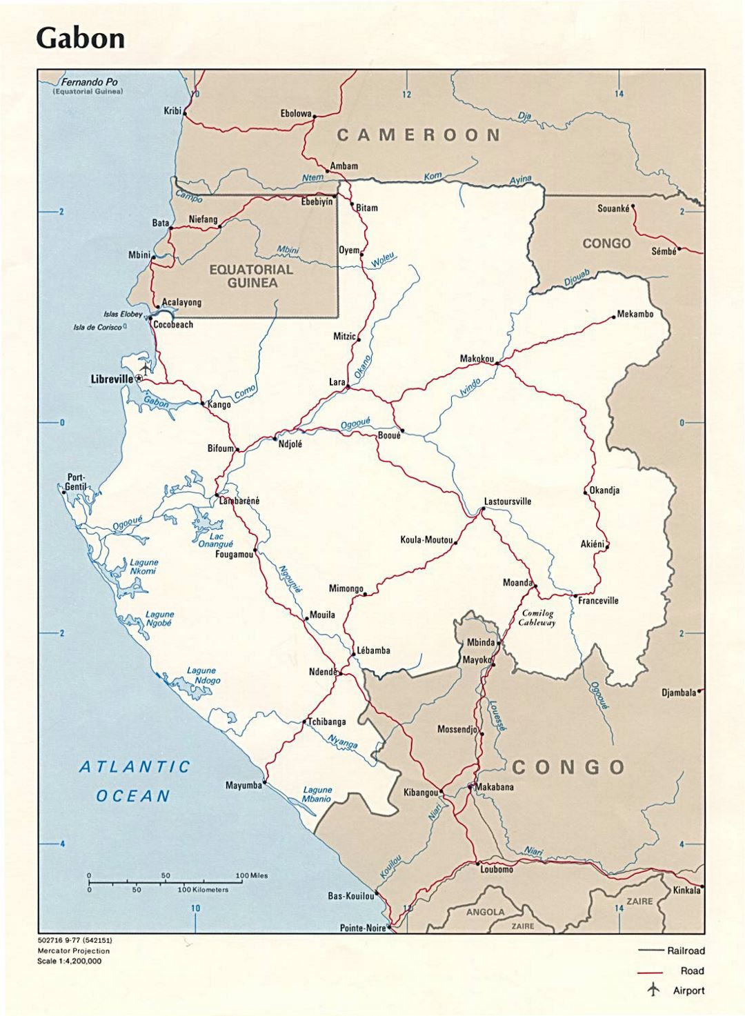 Large political map of Gabon with roads, railroads, major cities and airports - 1977