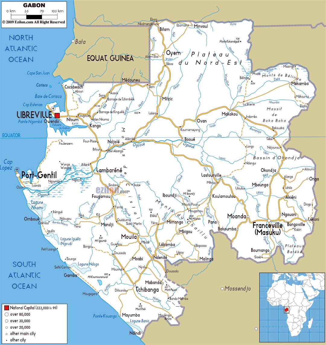 Large road map of Gabon with cities and airports