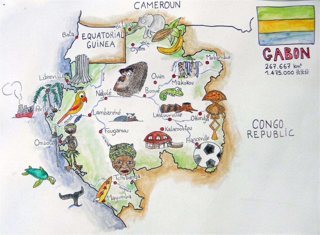 Large tourist illustrated map of Gabon