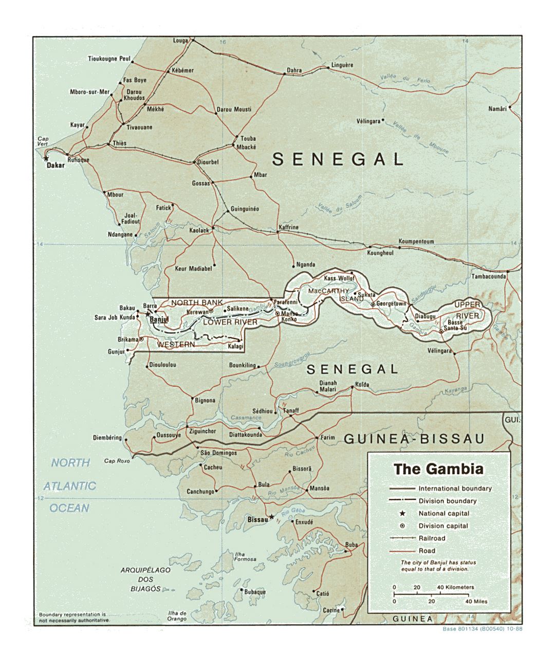 Detailed political and administrative map of Gambia with relief, roads, railroads and major cities - 1988