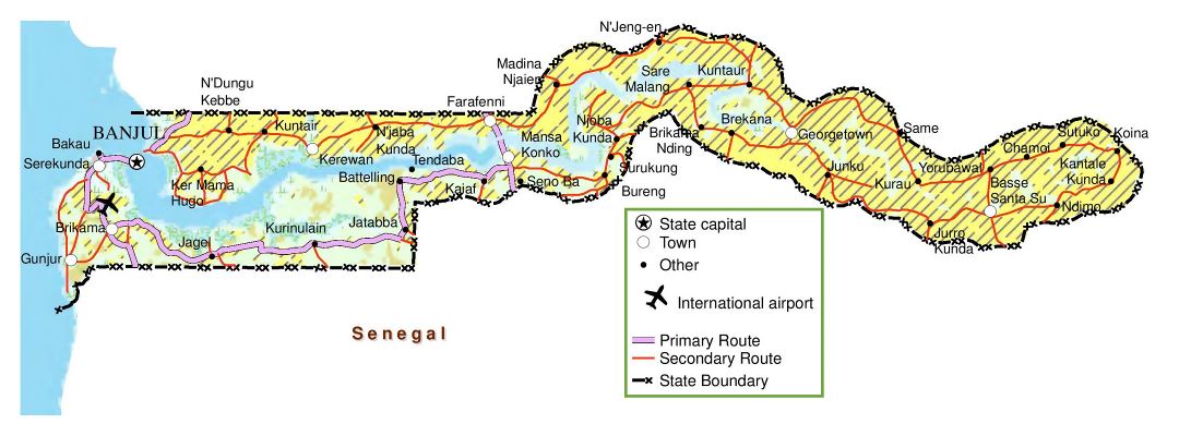 Large detailed map of Gambia with roads, cities and airports
