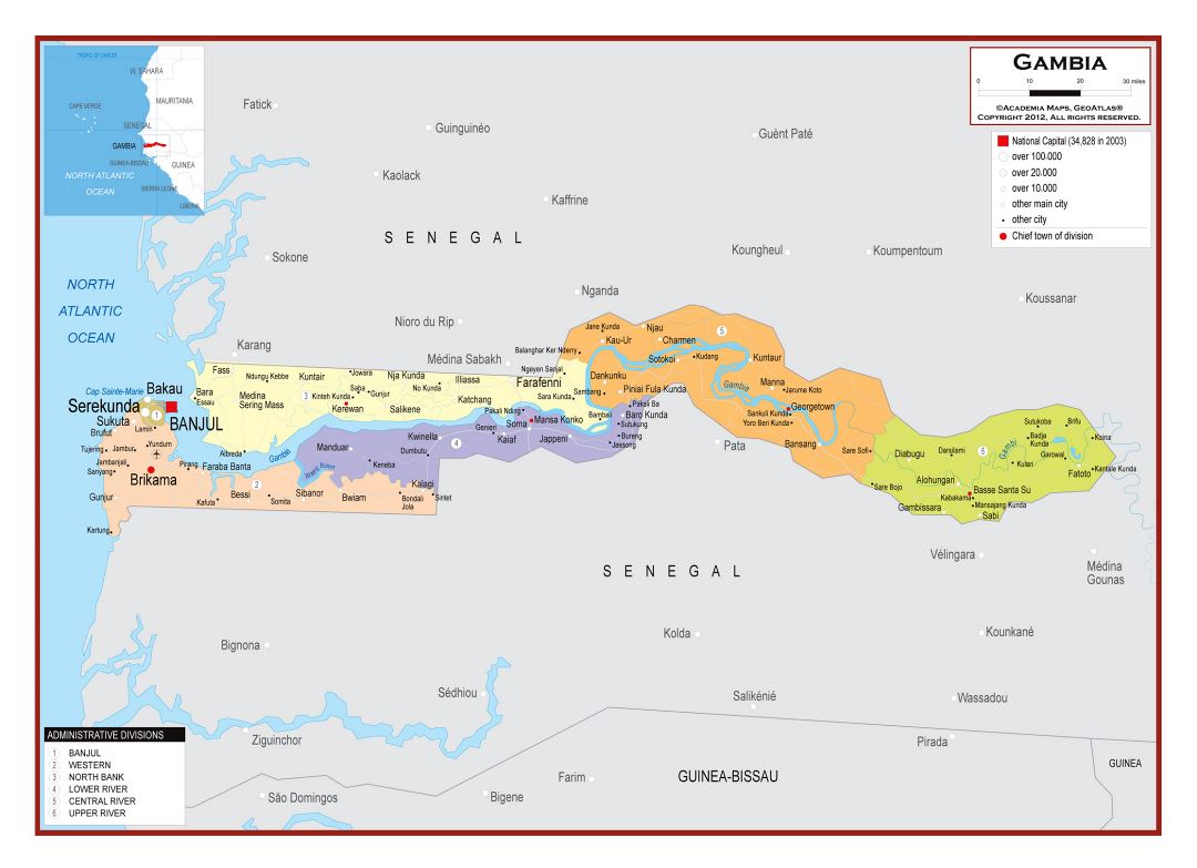 Large detailed political and administrative map of Gambia with roads, cities and airports