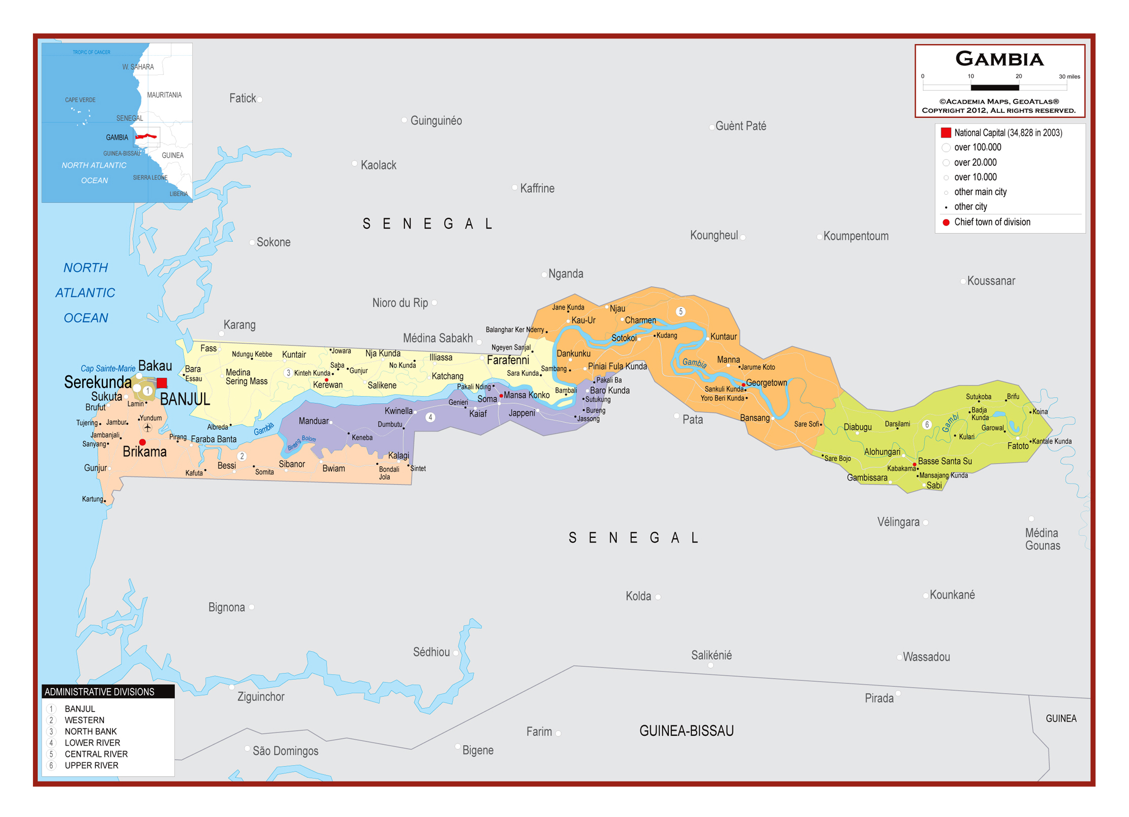 Large detailed political and administrative map of Gambia with roads