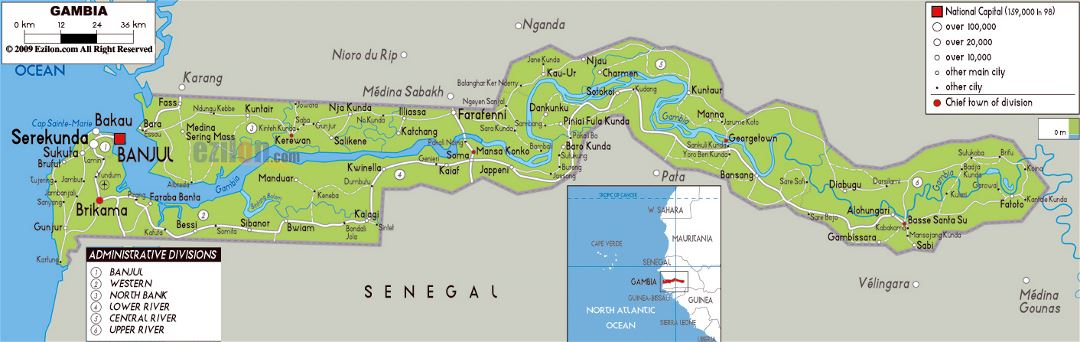 Large physical map of Gambia with roads, cities and airports