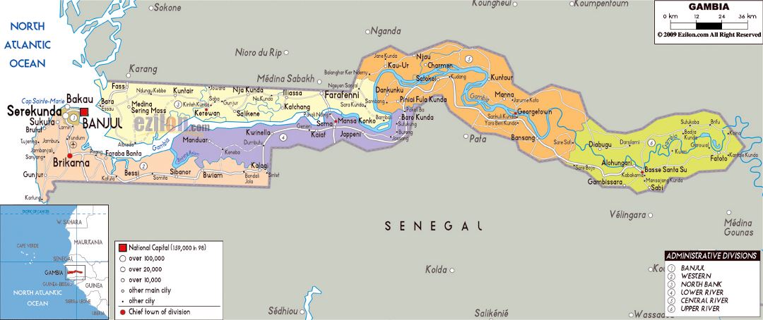 Large political and administrative map of Gambia with roads, cities and airports