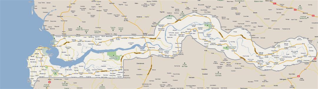 Large road map of Gambia with all cities