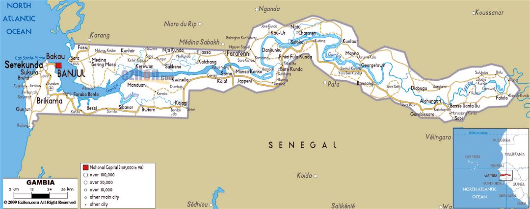 Large road map of Gambia with cities and airports