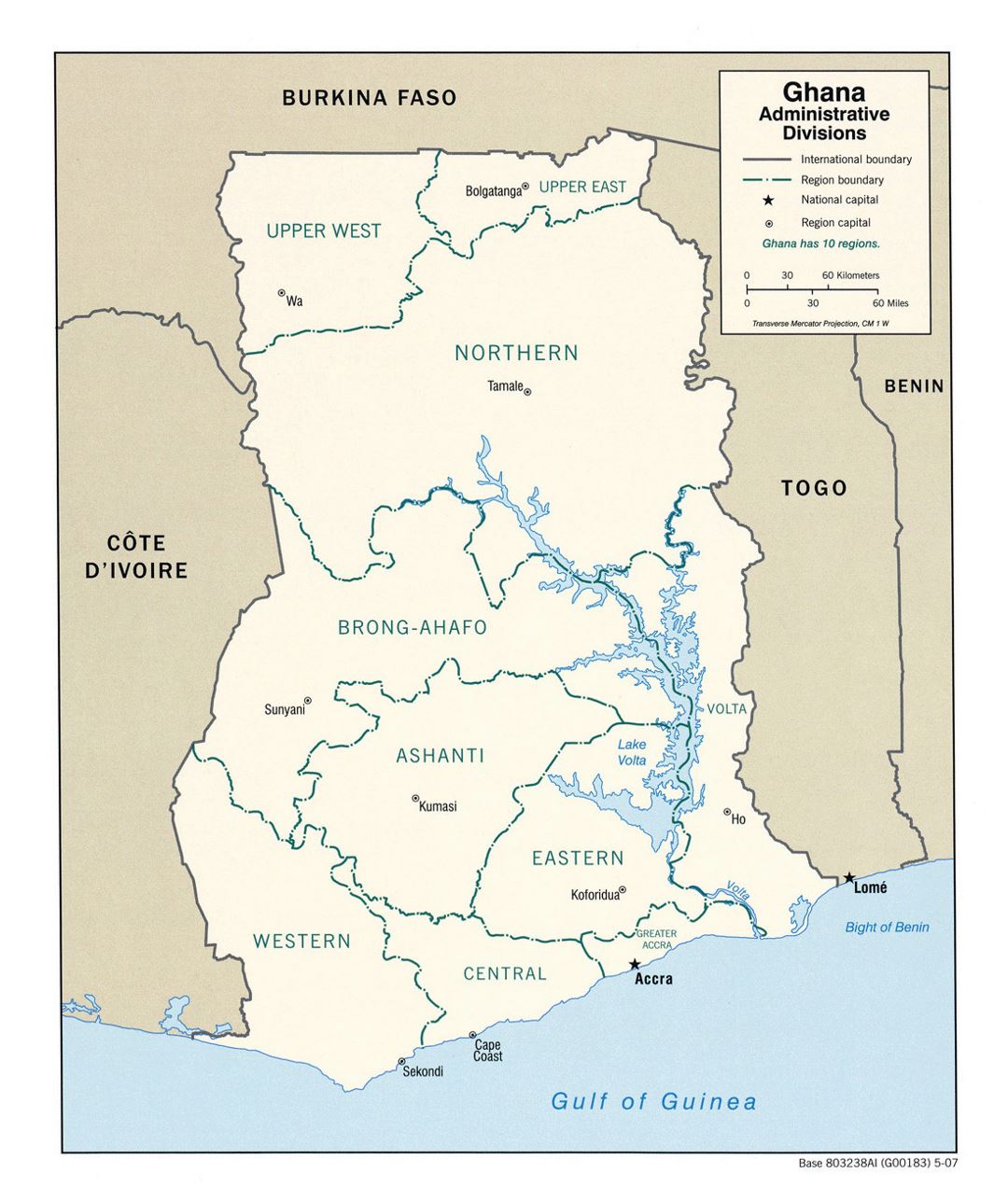 Detailed administrative divisions map of Ghana - 2007