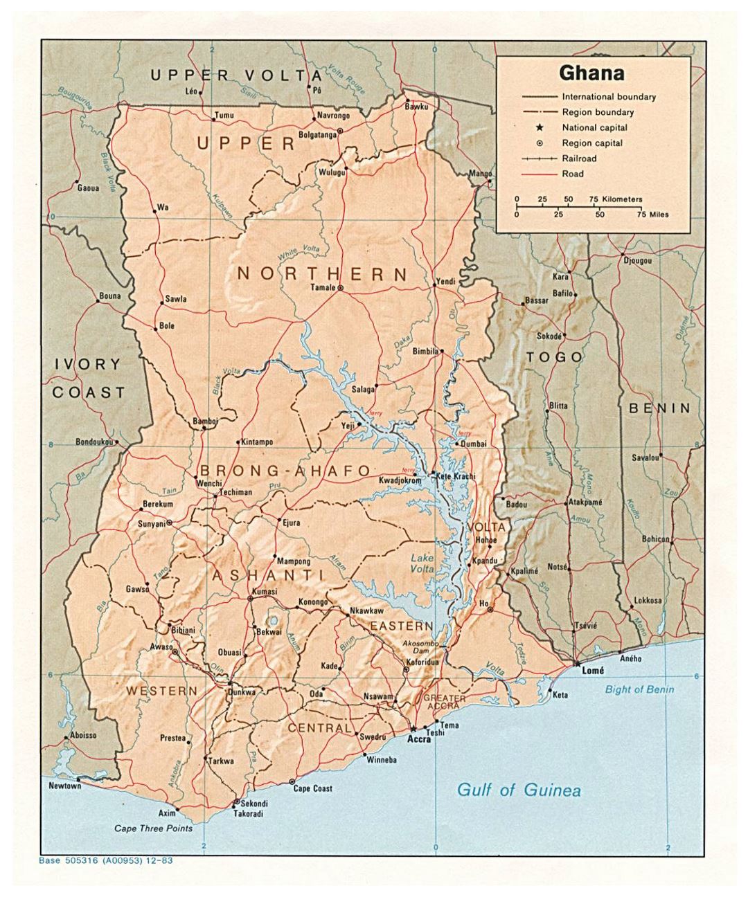 Detailed political and administrative map of Ghana with relief, roads, railroads and major cities - 1983