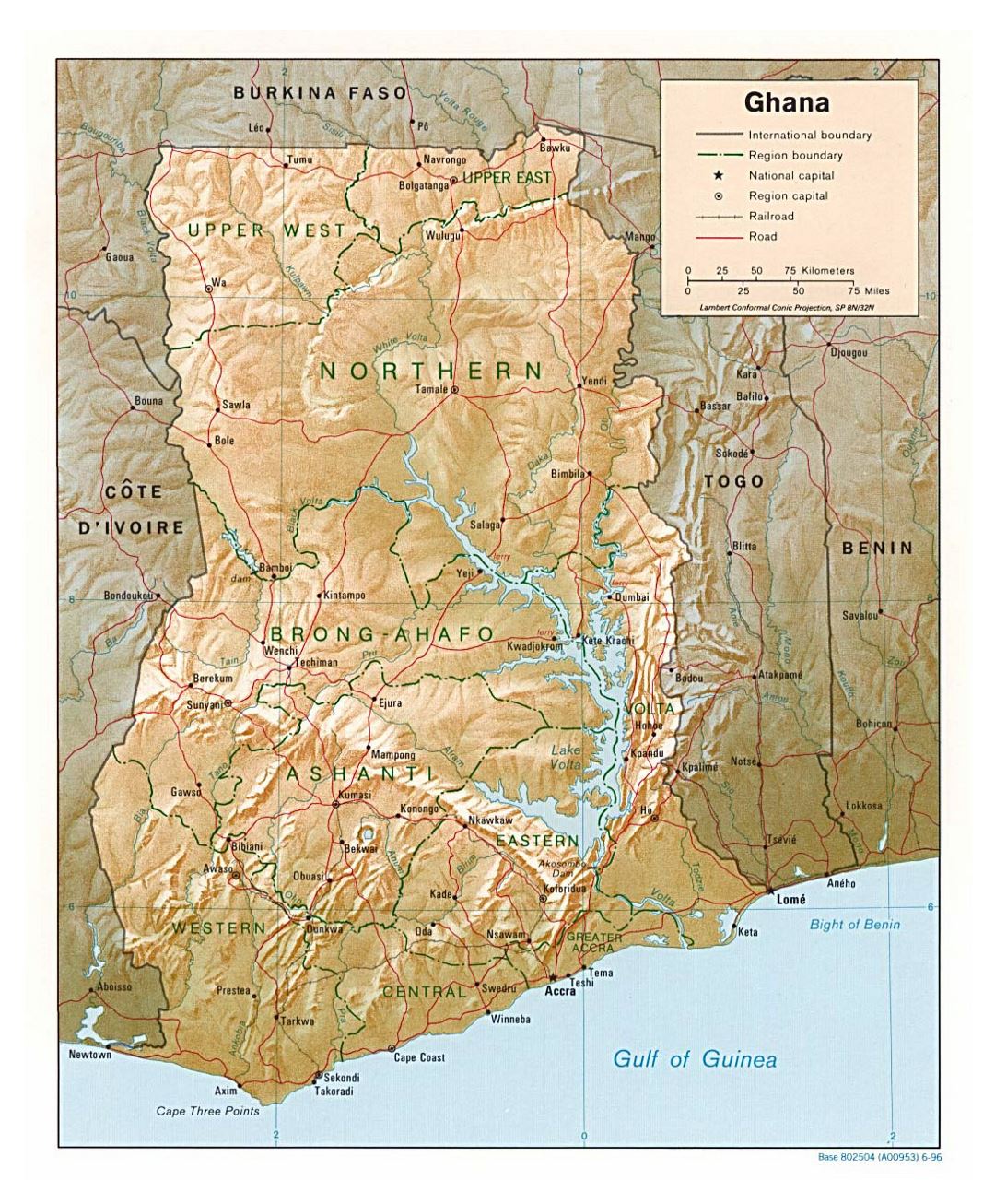 Detailed political and administrative map of Ghana with relief, roads, railroads and major cities - 1996