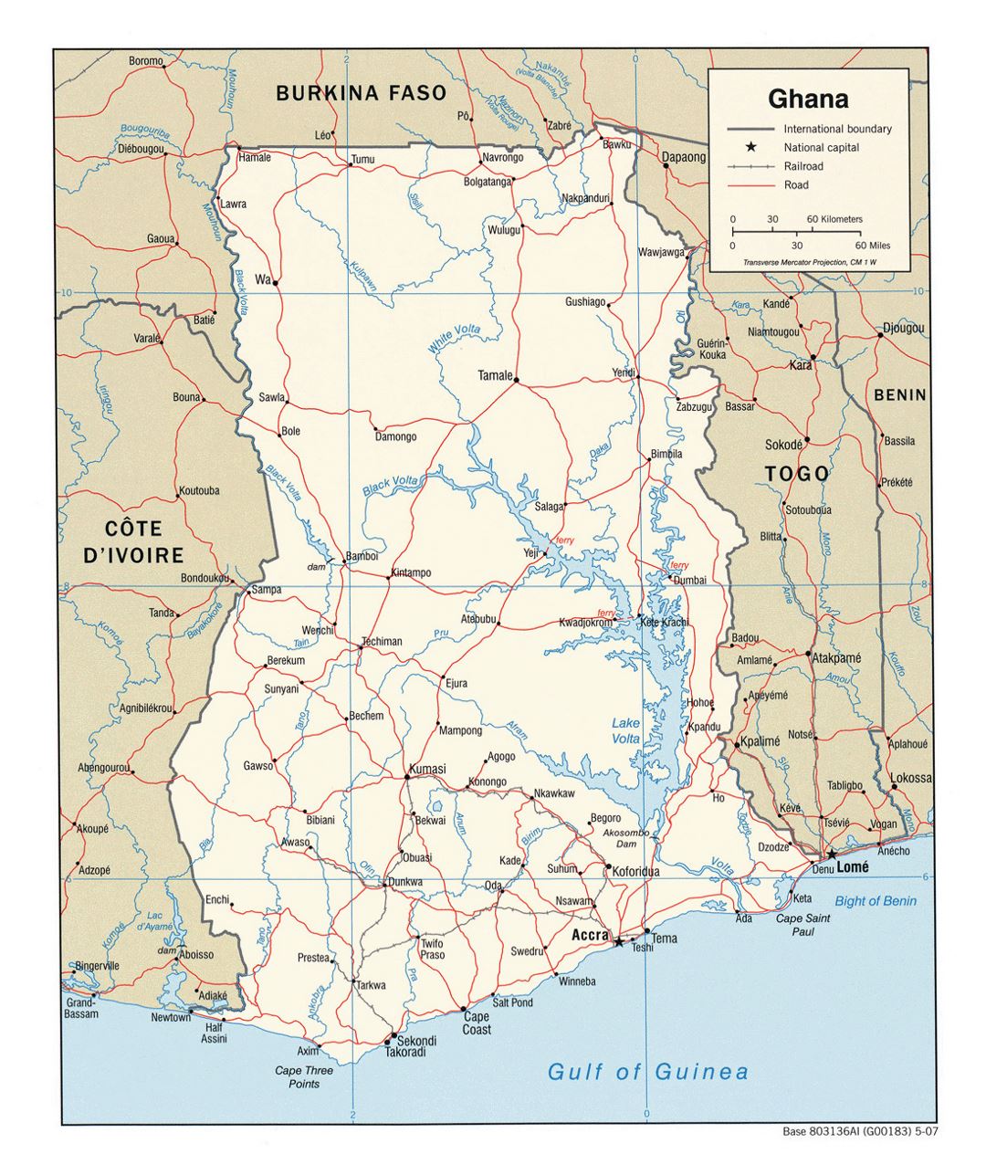 Detailed political map of Ghana with roads, railroads and cities - 2007