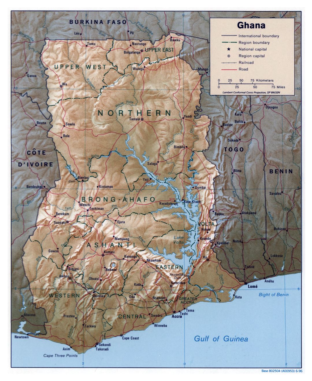 Large detailed political and administrative map of Ghana with relief, roads, railroads and major cities - 1996