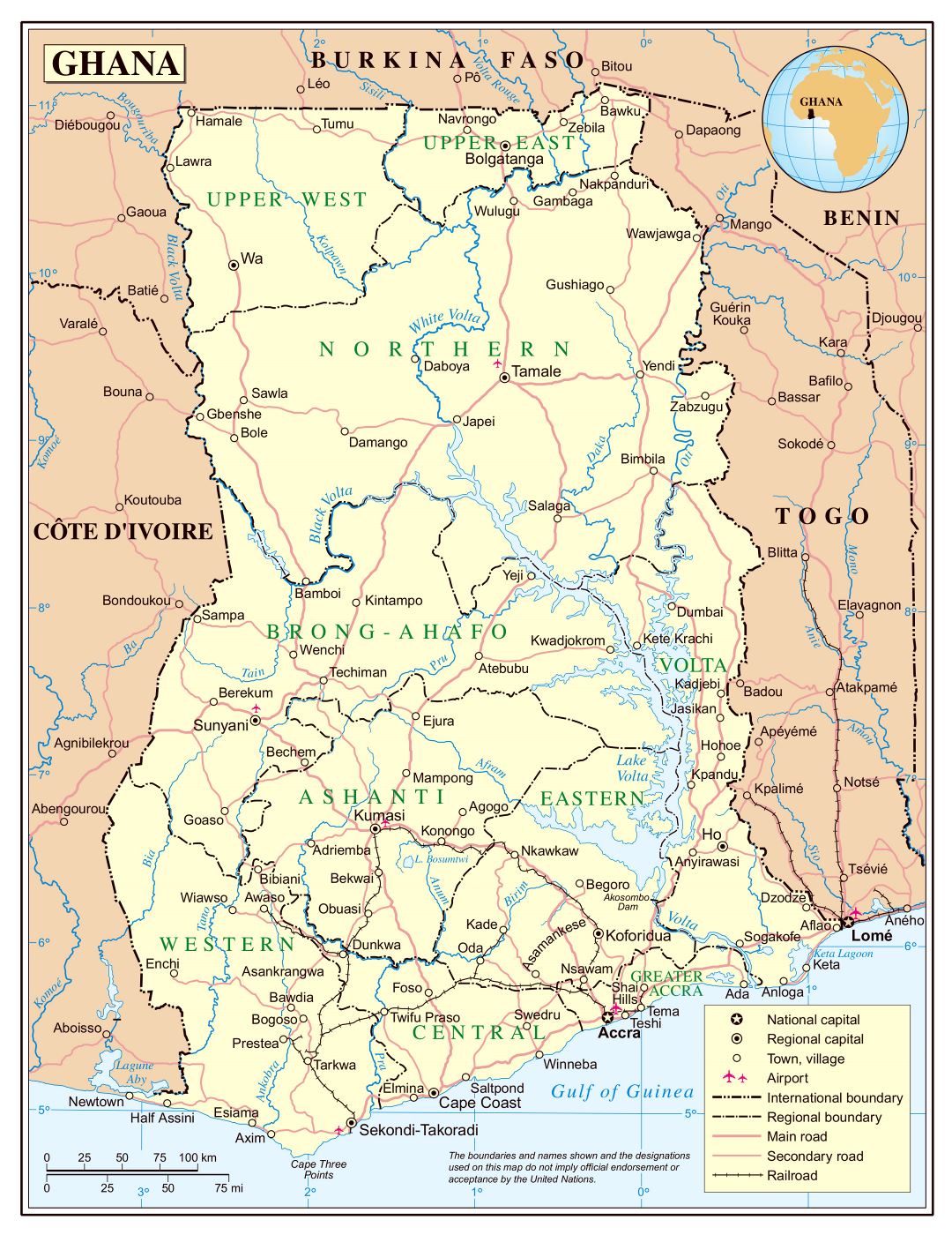 Large detailed political and administrative map of Ghana with roads, railroads, cities and airports