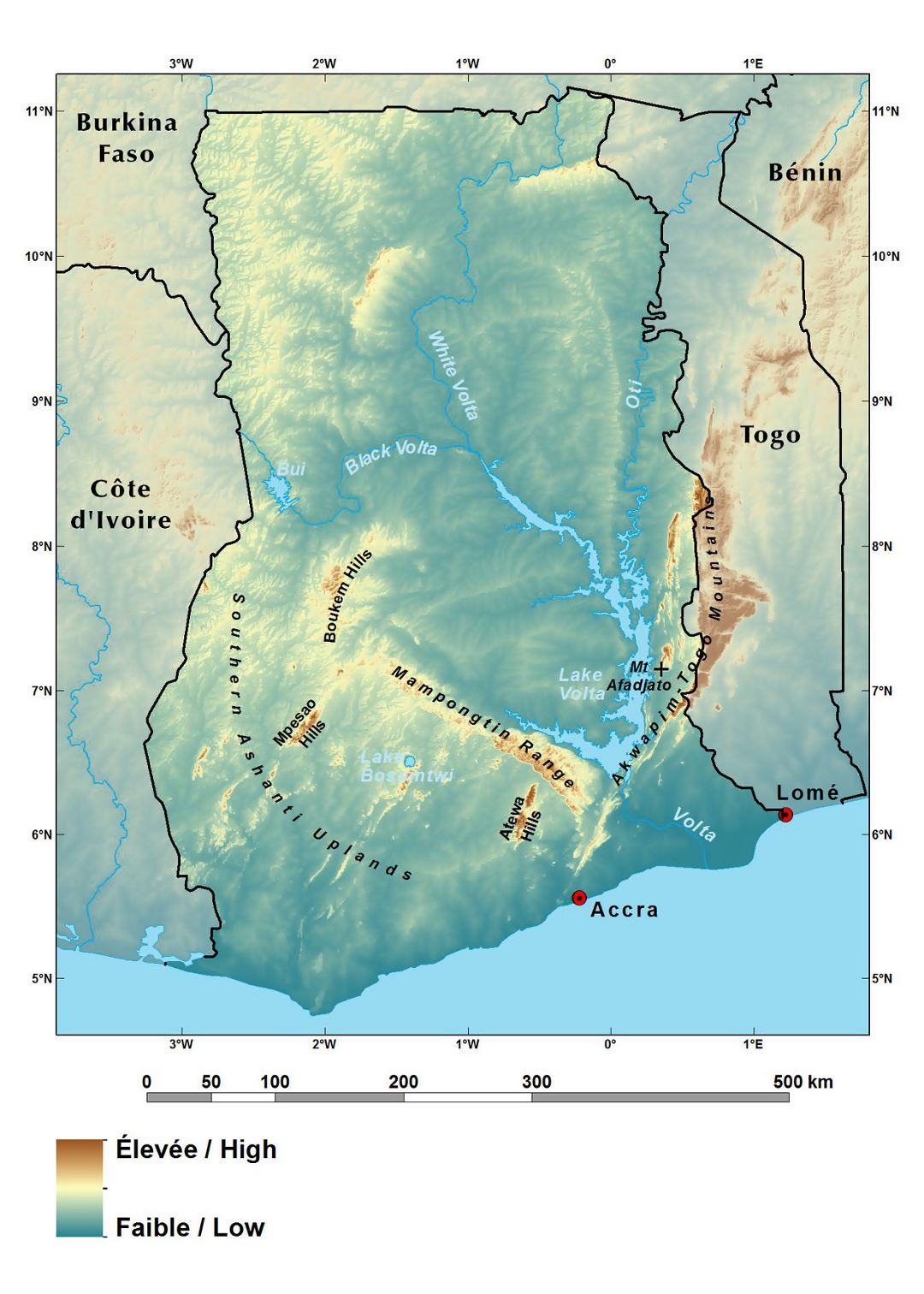 Large elevation map of Ghana