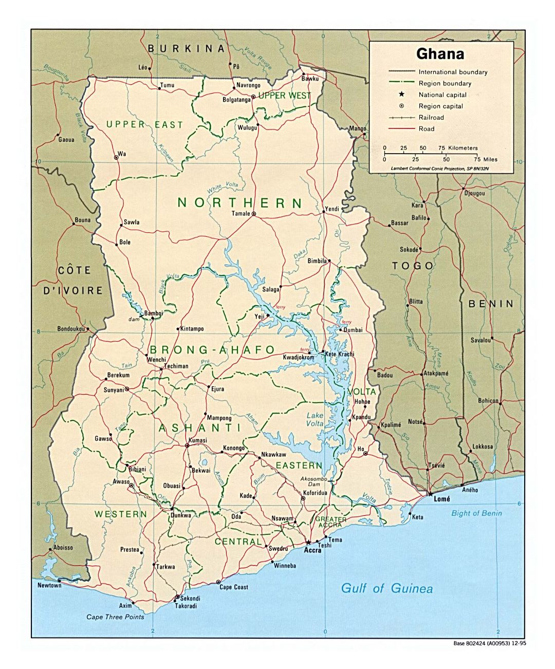 Large political and administrative map of Ghana with roads, railroads and major cities - 1995