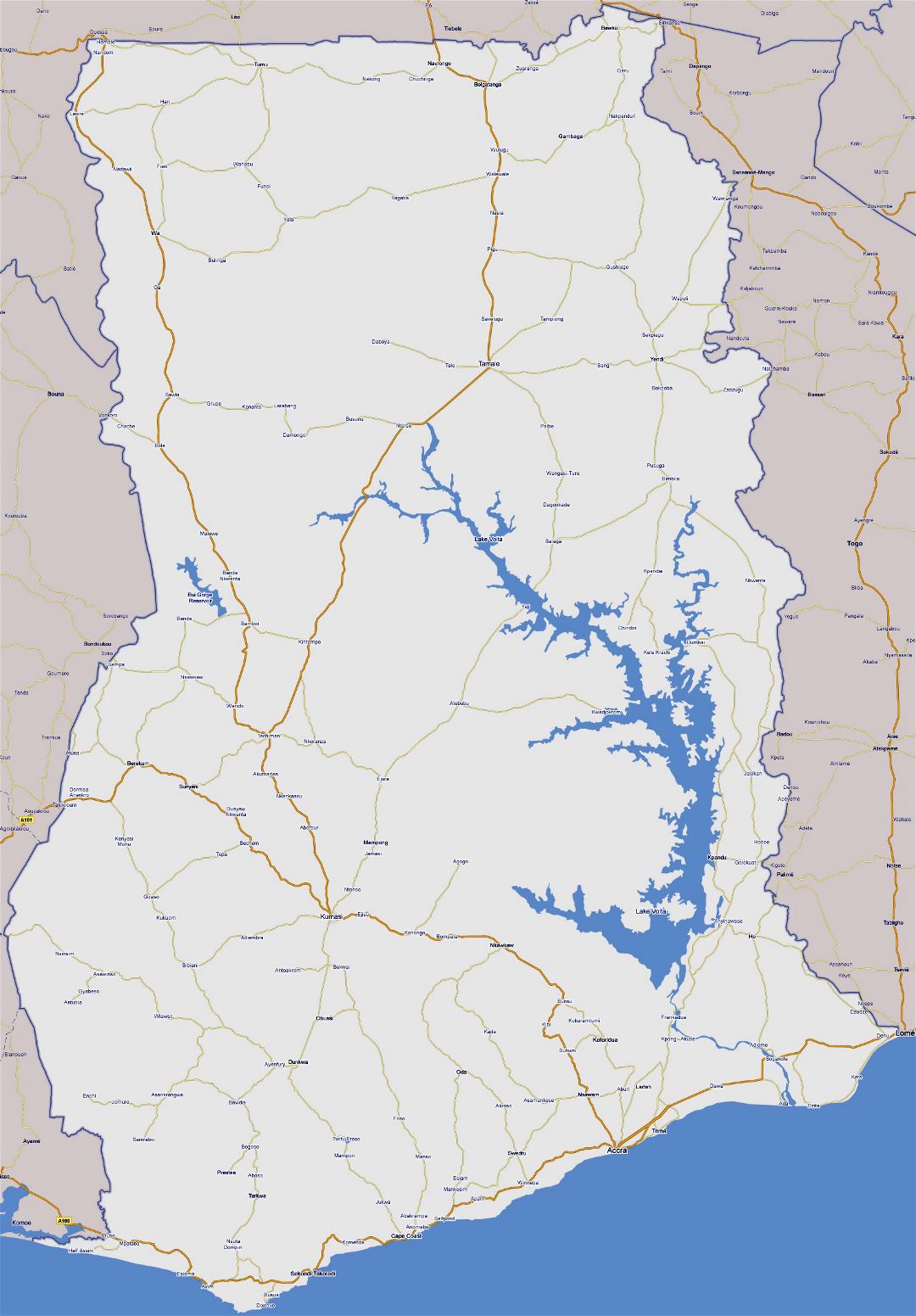 Large road map of Ghana with cities