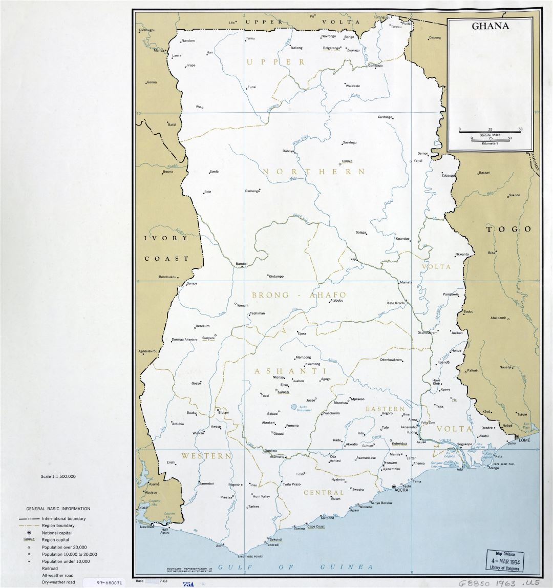 Large scale detailed political and administrative map of Ghana with cities - 1963