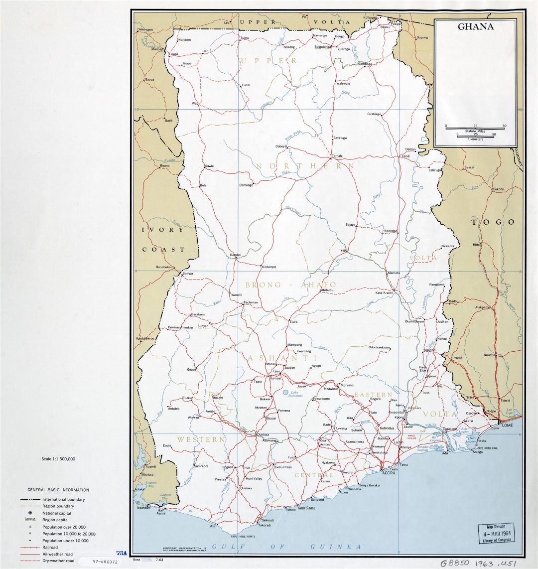 Large scale detailed political and administrative map of Ghana with roads, railroads and cities - 1963
