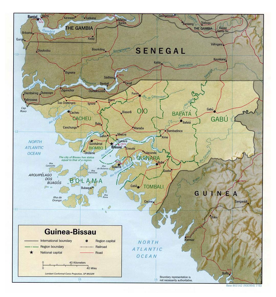 Detailed political and administrative map of Guinea-Bissau with relief, roads, railroads and major cities - 1993