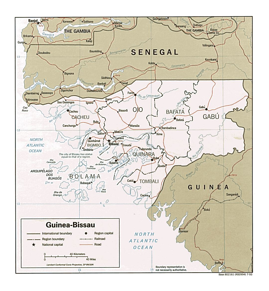 Detailed political and administrative map of Guinea-Bissau with roads, railroads and major cities - 1993