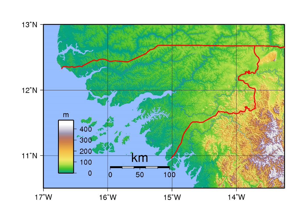 Detailed topographical map of Guinea-Bissau