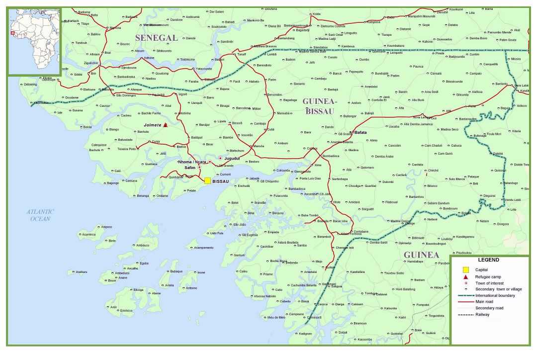 Large detailed map of Guinea-Bissau with roads, cities and towns