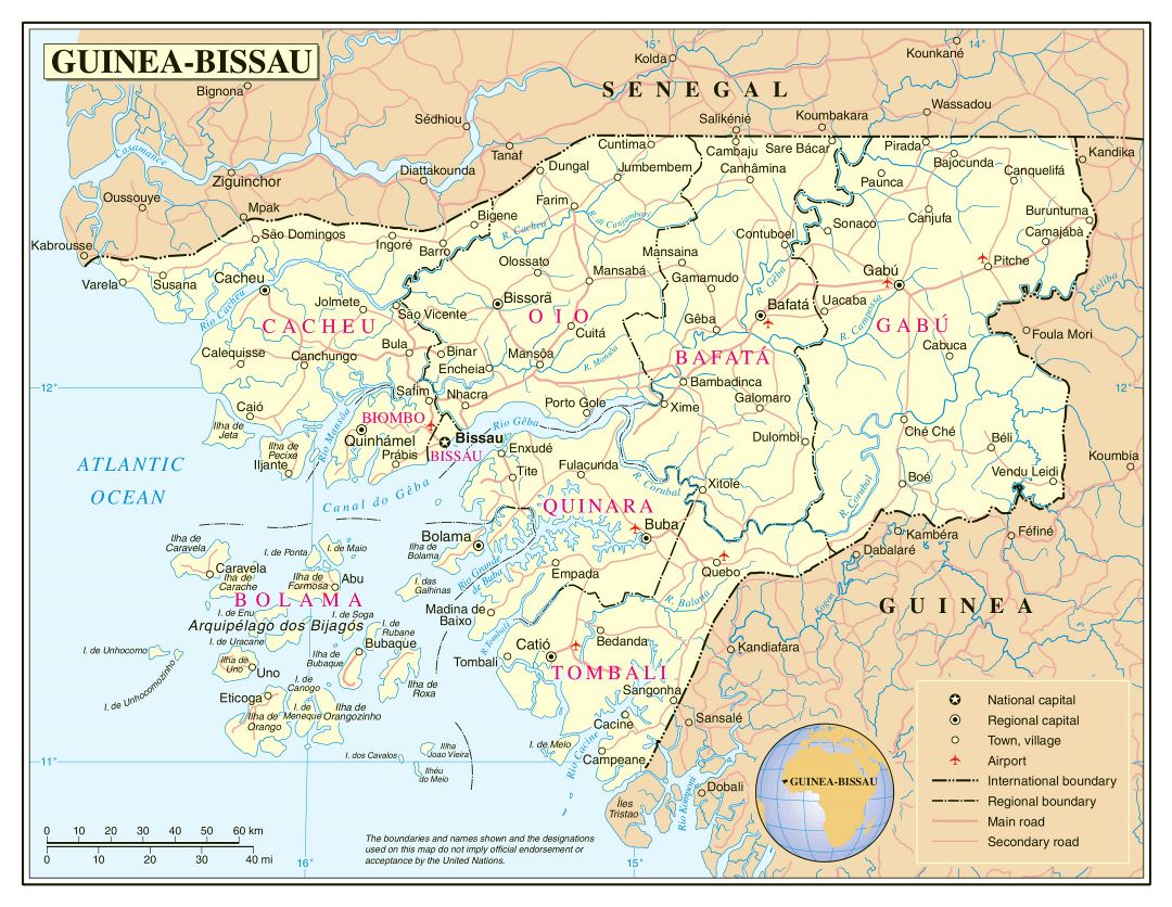 Large detailed political and administrative map of Guinea-Bissau with roads, railroads, cities and airports