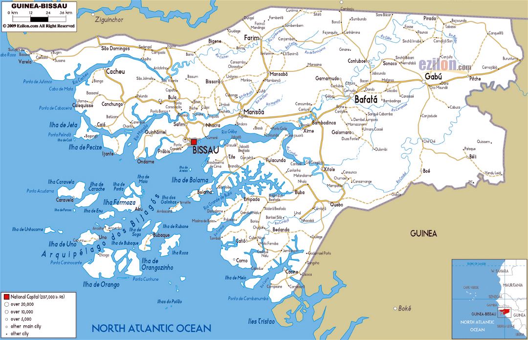 Large road map of Guinea-Bissau with cities and airports