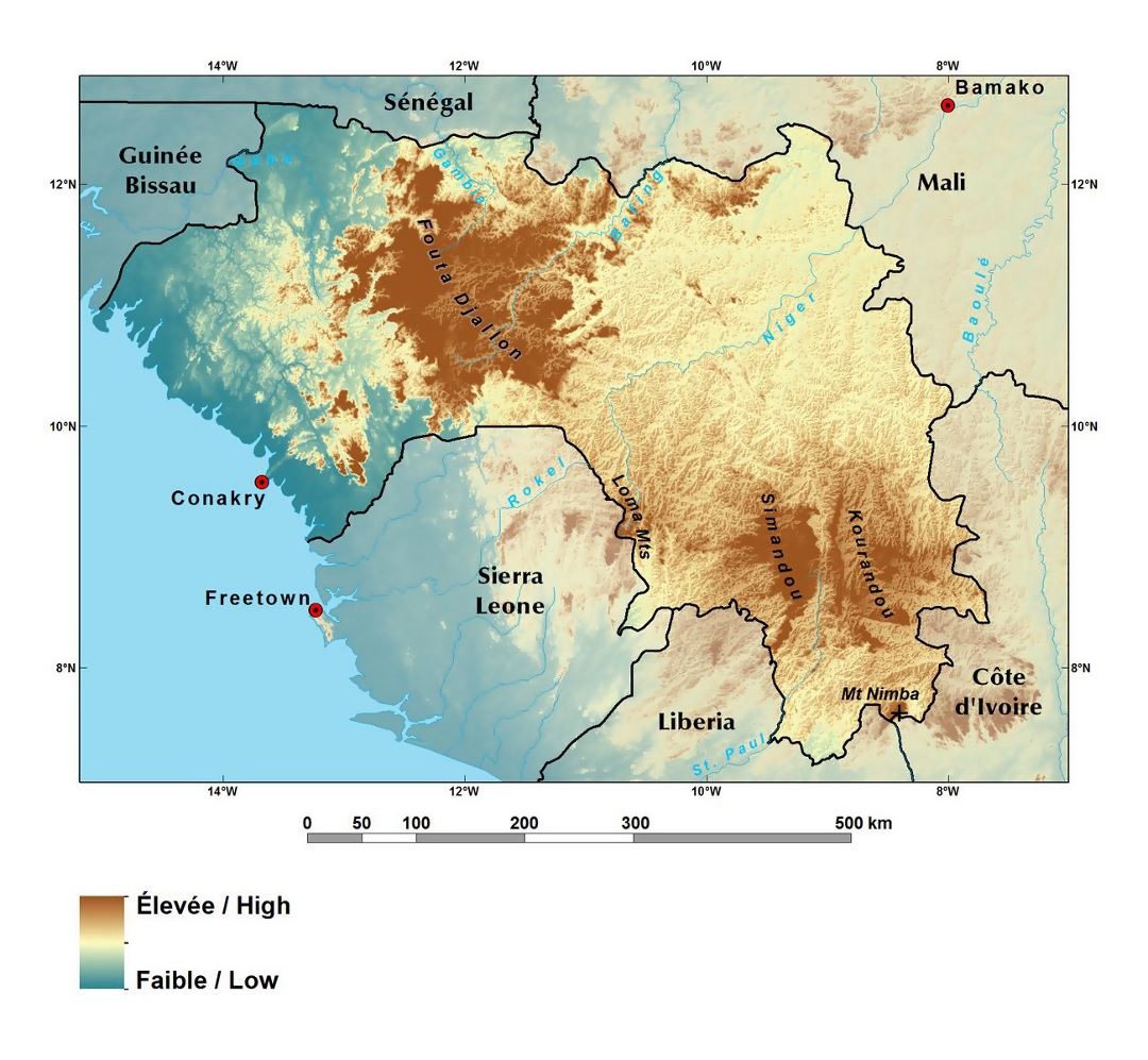 Detailed elevation map of Guinea with major cities