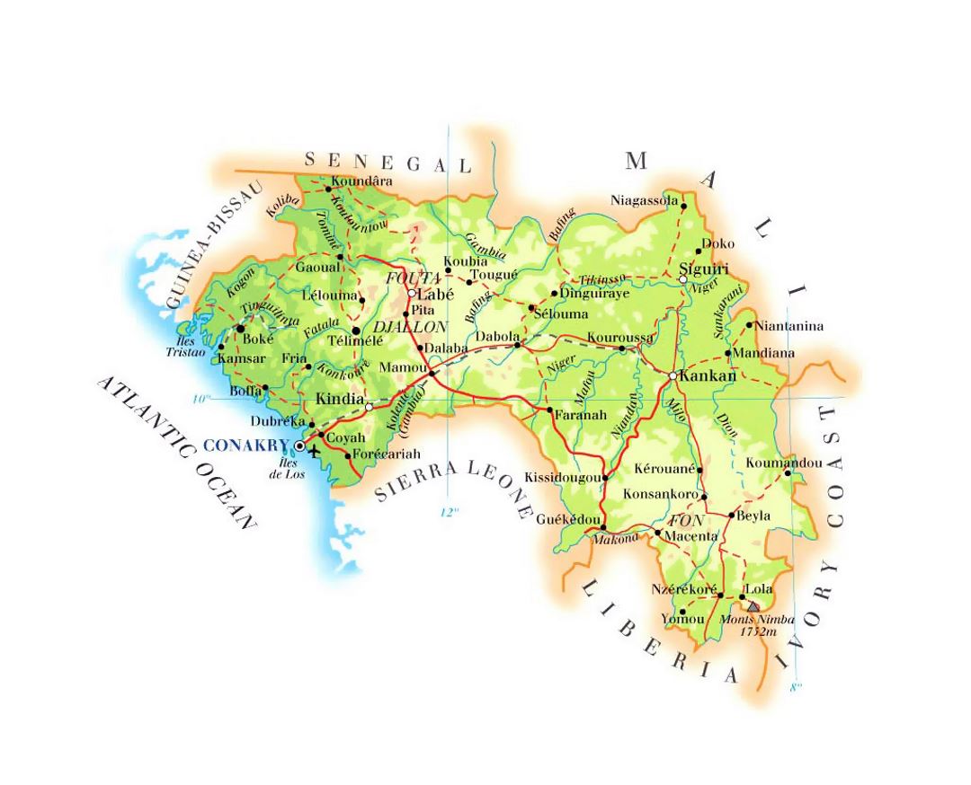 Detailed elevation map of Guinea with roads, cities and airports