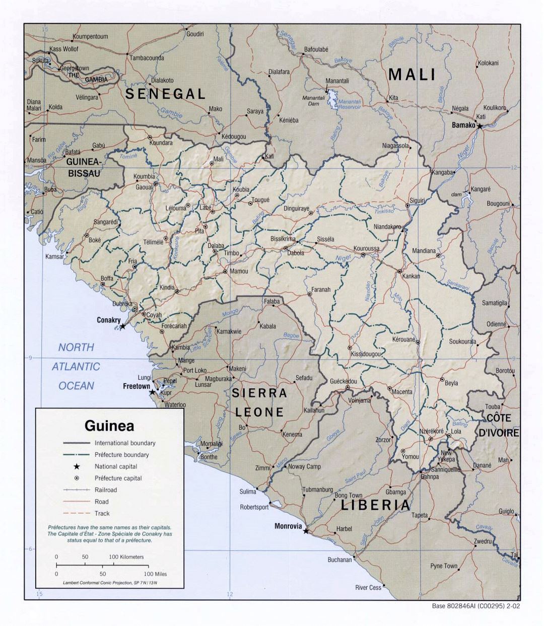 Detailed political and administrative map of Guinea with relief, roads, railroads and major cities - 2002