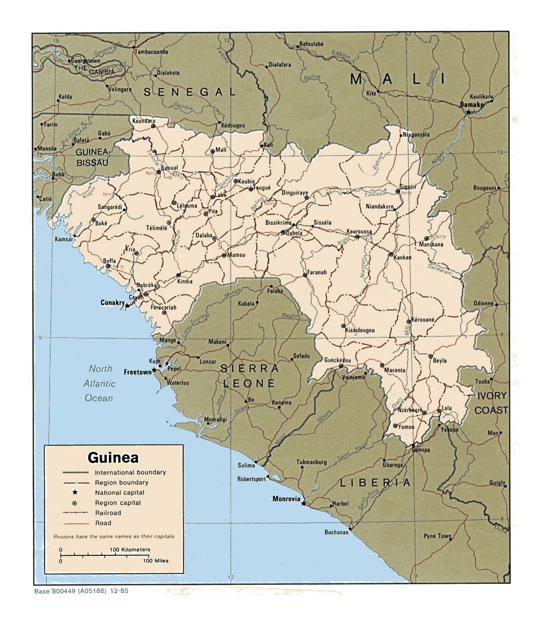 Detailed political and administrative map of Guinea with roads, railroads and major cities - 1985
