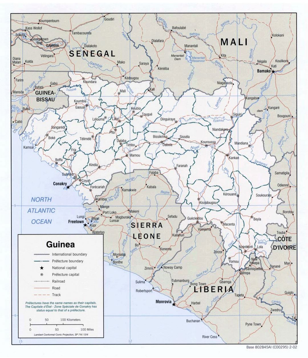 Detailed political and administrative map of Guinea with roads, railroads and major cities - 2002