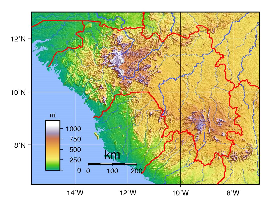 Detailed topographical map of Guinea