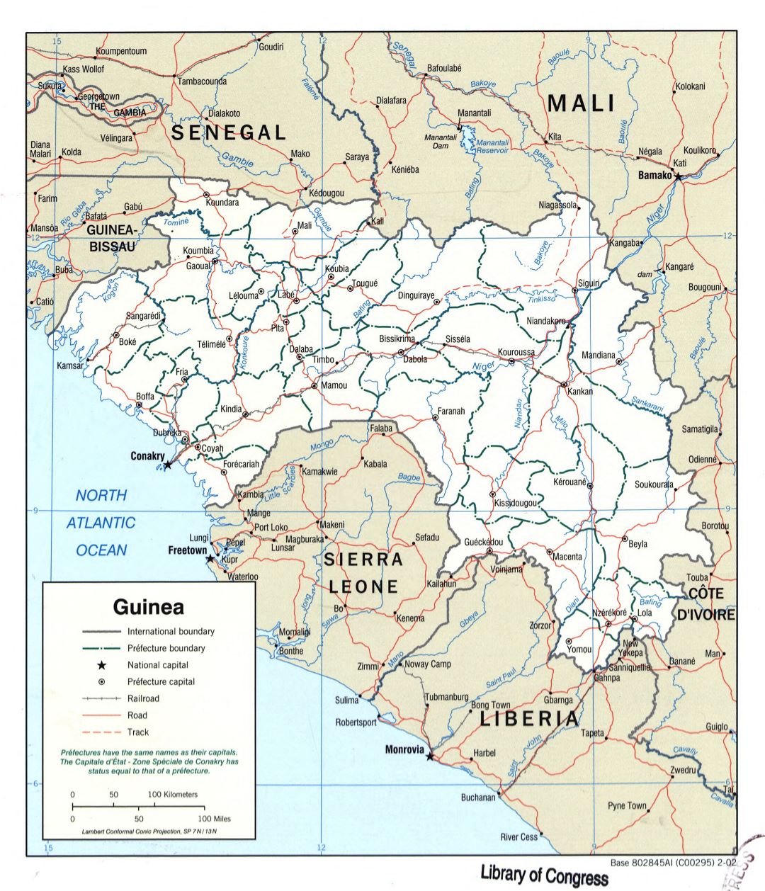 Large detailed political and administrative map of Guinea with roads, railroads and cities - 2002