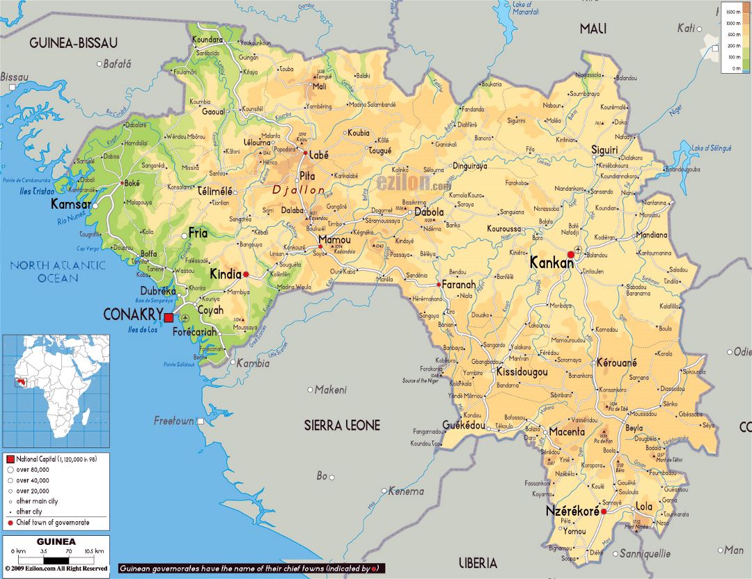 Large physical map of Guinea with roads, cities and airports