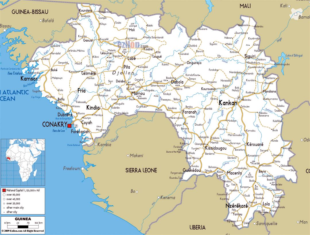 Large road map of Guinea with cities and airports