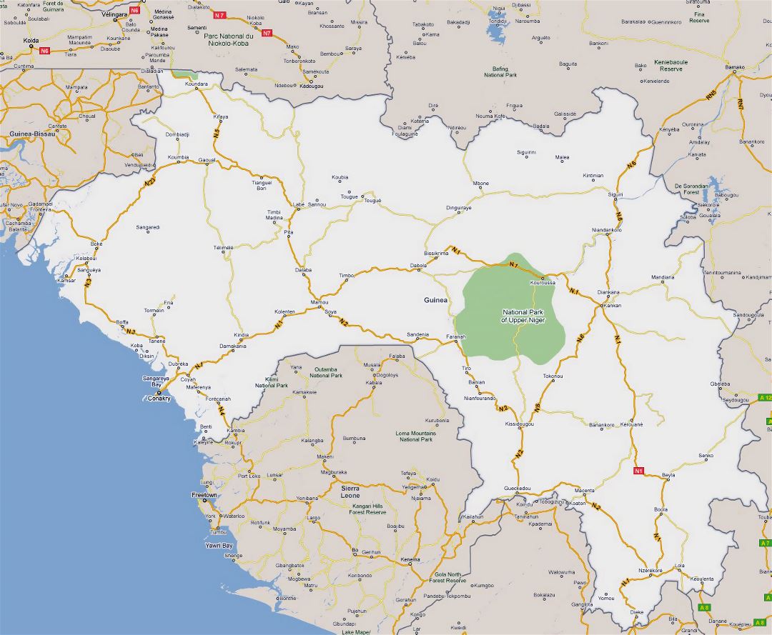 Large road map of Guinea with cities