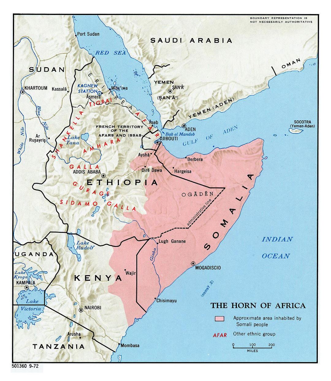 Detailed map of Horn of Africa with relief - 1972