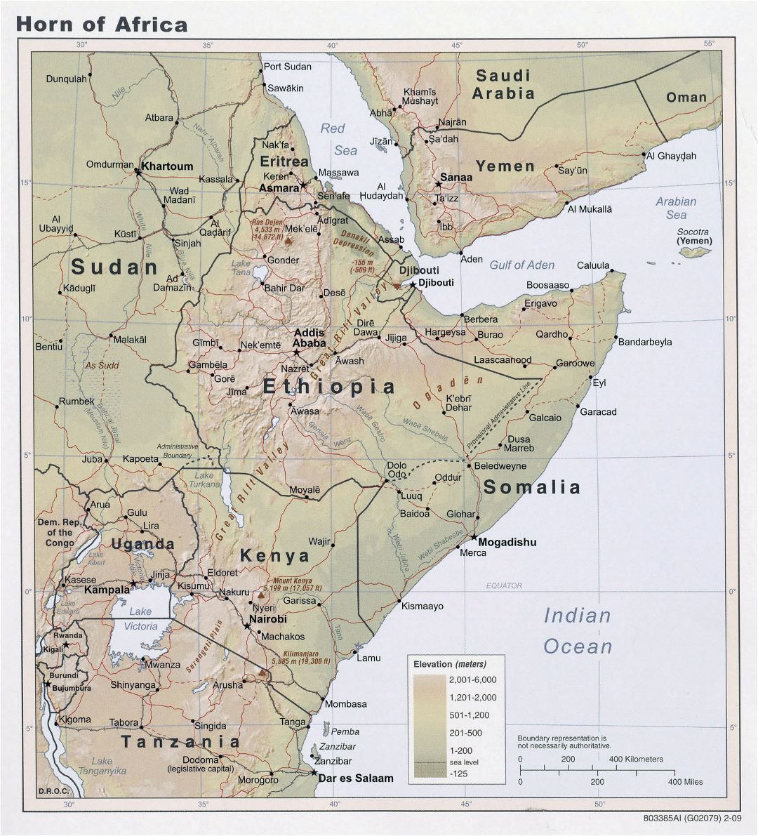 Large detailed elevation map of Horn of Africa - 2009