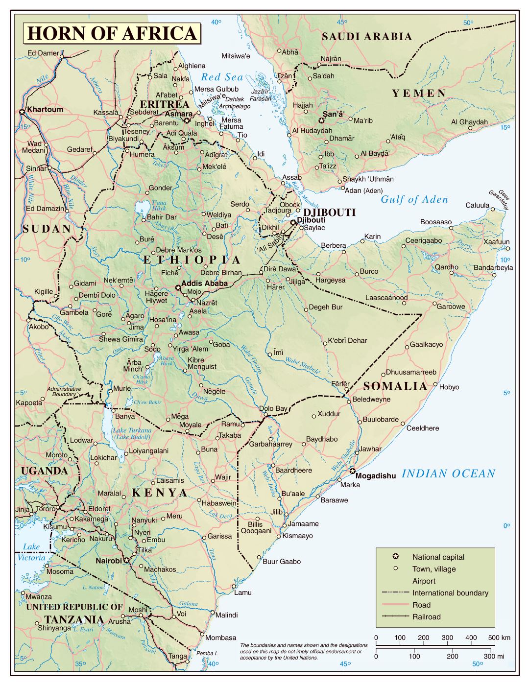 Large detailed political map of Horn of Africa with relief, roads, railroads and cities