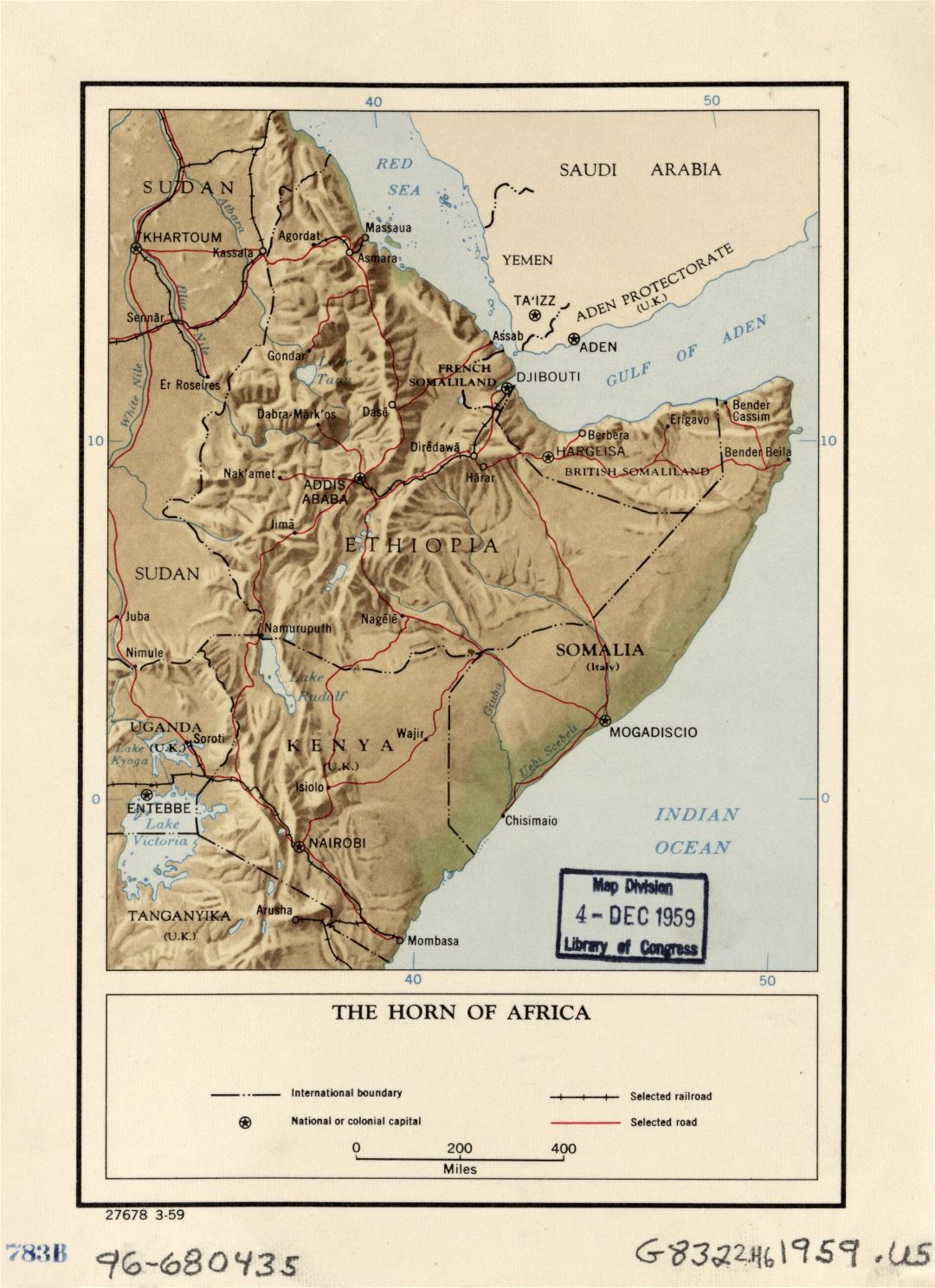 Large detailed political map of the Horn of Africa with relief, roads, railroads, large cities and countries boundaries - 1959