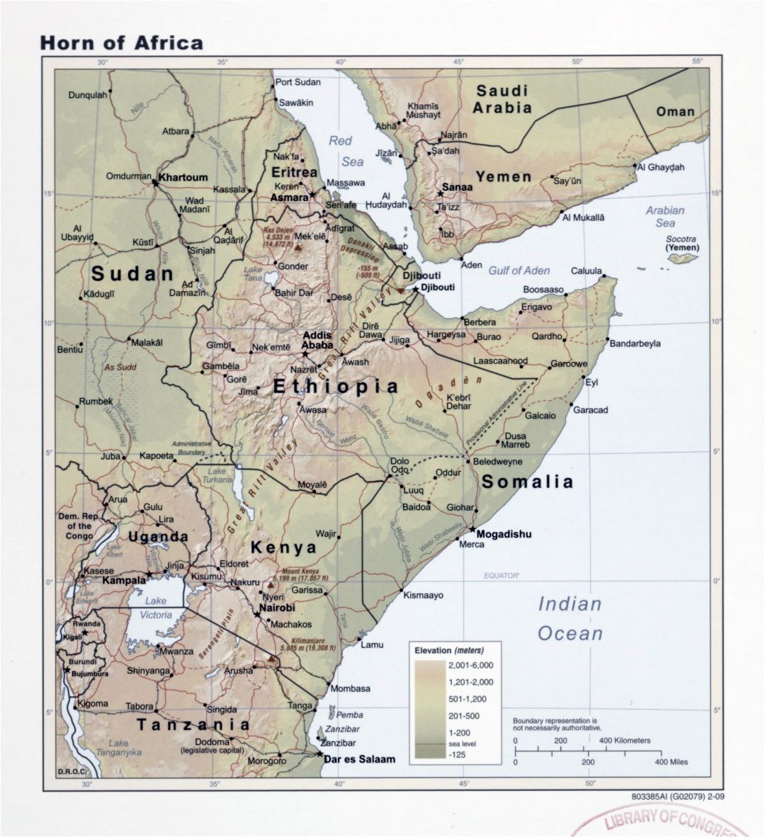 Large scale elevation map of Horn of Africa with roads and cities - 2009